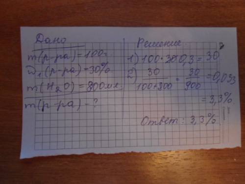 К100 г 30% раствора добавлено 800 мл воды. определить процентную концентрацию получимая раствора. ра