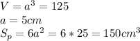 V=a^3=125\\a=5cm\\S_p=6a^2=6*25=150cm^3