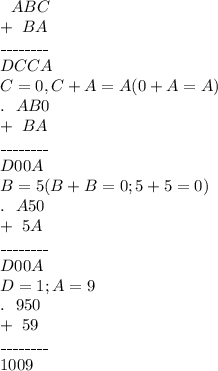 \ \ ABC\\+\ BA\\\_\_\_\_\_\_\_\_\\DCCA\\C=0,C+A=A(0+A=A)\\.\ \ AB0\\+\ BA\\\_\_\_\_\_\_\_\_\\D00A\\B=5(B+B=0;5+5=0)\\.\ \ A50\\+\ 5A\\\_\_\_\_\_\_\_\_\\D00A\\D=1;A=9\\.\ \ 950\\+\ 59\\\_\_\_\_\_\_\_\_\\1009