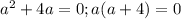 a^2+4a=0;a(a+4)=0