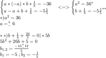 \begin{cases}a*(-a)*b*\frac{1}{b}=-36\\a-a+b+\frac{1}{b}=-5\frac{1}{5}\end{cases}\begin{cases}a^2=36^{*}\\b+\frac{1}{b}=-5\frac{1}{5}^{**}\end{cases}\\ *)a^2=36\\a=^+_-6\\\\ **)b+\frac{1}{b}+\frac{26}{5}=0|*5b\\5b^2+26b+5=0\\b_{1,2}=\frac{-13^+_-12}{5}\\b_1=-5\ ;b_2=-\frac{1}{5}