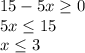 15-5x\geq0\\5x\leq15\\x\leq3