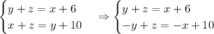 \begin{cases}y+z=x+6\\x+z=y+10\end{cases}\Rightarrow\begin{cases}y+z=x+6\\-y+z=-x+10\end{cases}