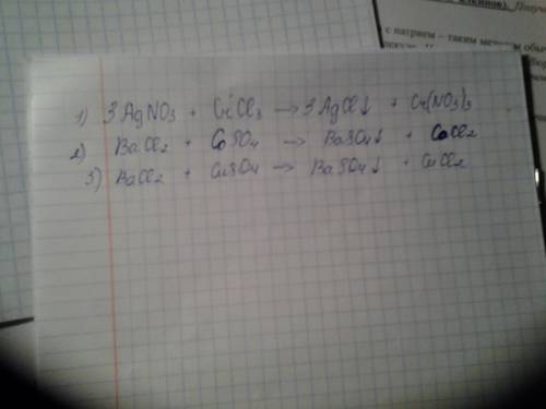 Необходимо составить полное молекулярное ионное решение уравнений 1.agno3+crcl3 2.bacl2+coso4 3.bacl