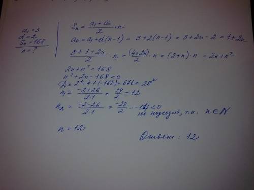 Найти количество членов арифметической прогрессии с а1 = 3 и d = 2, чтобы их сумма равнялась 168.