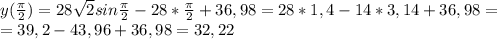 y( \frac{ \pi }{2} )=28 \sqrt{2} sin\frac{ \pi }{2}-28*\frac{ \pi }{2}+36,98=28*1,4-14*3,14+36,98= \\ =39,2-43,96+36,98=32,22