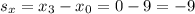 s_{x} = x_{3} - x_{0} = 0 - 9 = -9