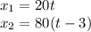 x_{1} = 20t\\x_{2} = 80(t-3)