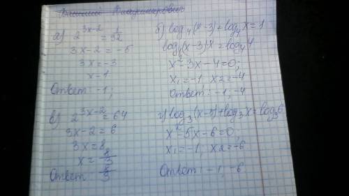 Решить уравнения а.2^3х-2=1/32 б.log4 (x-3)+log4x=1 в.2^3x-2=64 г.log3 (x-5)+log3 x=log3 6