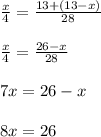 \frac{x}{4}= \frac{13+(13-x)}{28} \\ \\ \frac{x}{4}= \frac{26-x}{28} \\ \\ 7x=26-x \\ \\ 8x=26