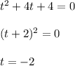 t^2+4t+4=0 \\ \\ (t+2)^2=0 \\ \\ t=-2