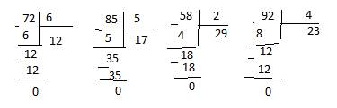 Выполни деление столбиком для следущих пар чисел 72на6 85на5 58на2 92на4