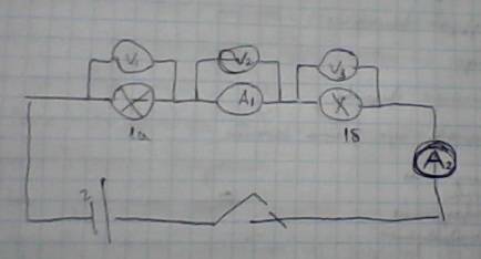 Нарисуйте электрическую цепь с 2 лампочками с 2 источниками питания с 2 амперметрами с 3 вольтметрам