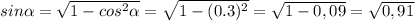 sin \alpha = \sqrt{1-cos^{2} \alpha} = \sqrt{1-(0.3)^{2} } = \sqrt{1-0,09} = \sqrt{0,91}