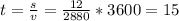 t= \frac{s}{v}= \frac{12}{2880}*3600=15