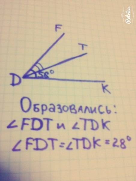 Постройте угол fdk, величина которого равна 56. проведите произвольно луч dt между сторонами угла fd