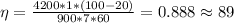 \eta = \frac{4200*1*(100-20)}{900*7*60} =0.888\approx 89