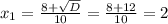 x_{1} = \frac{8+ \sqrt{D} }{10} = \frac{8+12}{10} = 2