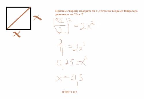 Вквадрате диагональ равна корню квадратному их двух. найдите сторону квадрата.