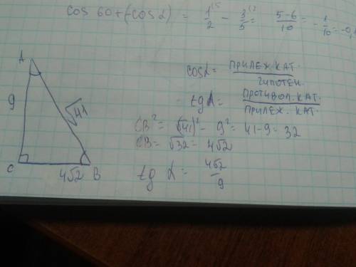 Дано треугольник abc. угол c = 90 градусов. cosa = 9/41. найти tga.