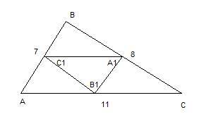 Стороны треугольника относятся как 7: 8: 11.периметр треугольника, образованного средними линиями да