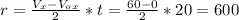 r= \frac{V_{x}-V_{o}_{x}}{2}*t= \frac{60 - 0}{2}*20=600