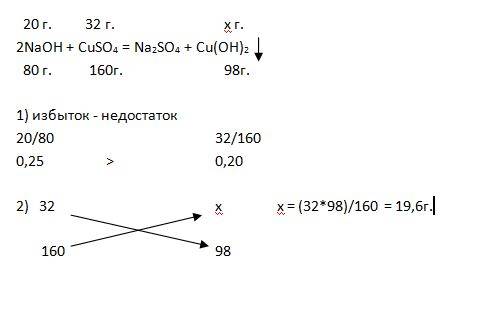 Решить дано: m(naoh)= 20 гр m(cuso4)= 32 гр найти массу осадка