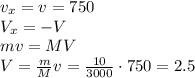 v_x=v=750\\V_x=-V\\mv=MV\\V=\frac{m}{M}v=\frac{10}{3000}\cdot 750=2.5