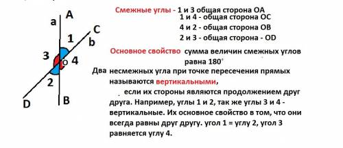 1) прямые ав и cd пересекаются в точке о а) выпишите две пары смежных углов. каким свойством они ? б