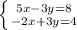 \left \{ {{5x - 3y = 8} \atop {-2x+3y = 4}} \right.