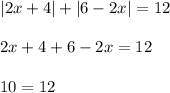 |2x+4|+|6-2x|=12\\\\2x+4+6-2x=12\\\\10=12