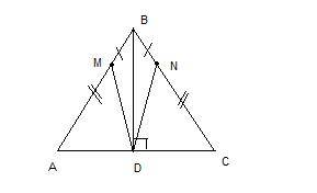 На боковых сторонах равнобедренного труеголника abc отложили равные отрезки bm и bn bd - высота дока