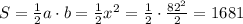 S= \frac{1}{2}a\cdot b= \frac{1}{2}x ^{2}= \frac{1}{2}\cdot \frac{82 ^{2} }{2}=1681