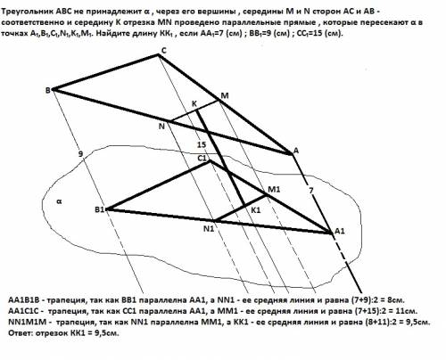 Треугольник abc не принадлежит α , через его вершины , середины m и n сторон ac и ab - соответственн