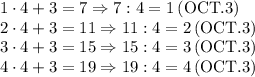 1\cdot 4+3=7 \Rightarrow 7:4=1\,(\text{OCT}.3)\\2\cdot4+3=11\Rightarrow 11:4=2\,(\text{OCT}.3)\\3\cdot 4+3=15\Rightarrow 15:4=3\,(\text{OCT}.3)\\4\cdot 4+3=19\Rightarrow 19:4=4\,(\text{OCT}.3)