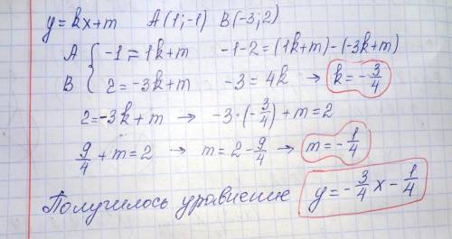 Напишите уравнение прямой, проходящей через две данные точки а(1; -1) и в(-3; 2).