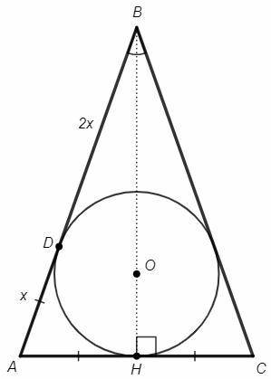 Вравнобедренный треугольник abc(ab=bc)вписана окружность.точка касания д делит сторону ab в отношени