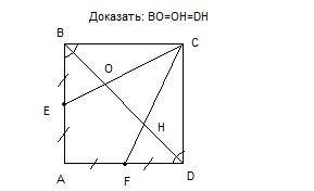 Вквадрате проведены отрезки ce и cf, где е-середина ав, f-середина аd. докажите, что ce и cf делят о