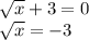 \sqrt{x} +3=0\\ \sqrt{x} =-3