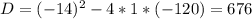 D=(-14)^{2} -4*1*(-120)=676