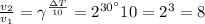 \frac{v_2}{v_1} = \gamma ^ \frac{\Delta T}{10} = 2^{30а}{10} = 2^3 = 8