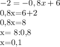 -2=-0,8x+6&#10;&#10;0,8x=6+2&#10;&#10;0,8x=8&#10;&#10;x= 8:0,8&#10;&#10;x=0,1