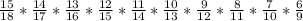 \frac{15}{18} * \frac{14}{17} * \frac{13}{16} * \frac{12}{15} * \frac{11}{14} *\frac{10}{13}* \frac{9}{12} *\frac{8}{11} *\frac{7}{10} * \frac{6}{9}