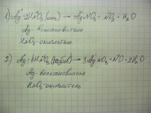 Составьте уравнение реакции взаимодействия разбавленной и концентрированной азотной кислоты с серебр