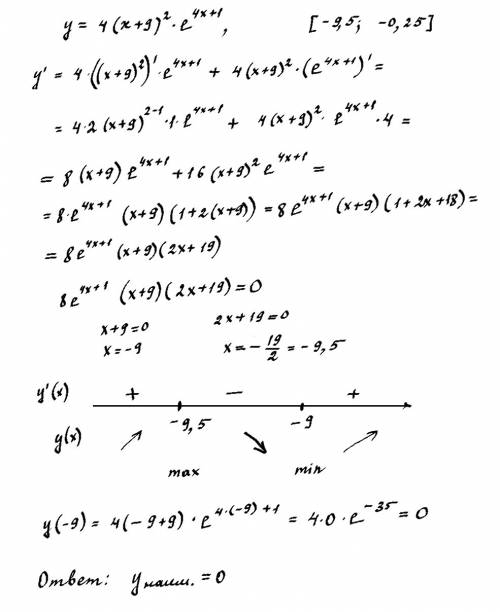 Найти наименьшее значение функции y= 4(x+9)^2*e^(4x+1) на отрезке [-9.5; -0.25] найти производную и