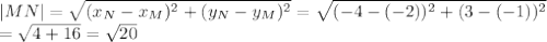 |MN|= \sqrt{(x_N-x_M) ^{2}+(y_N-y_M)^{2} }= \sqrt{(-4-(-2)) ^{2}+(3-(-1))^{2} } \\ = \sqrt{4+16}= \sqrt{20}