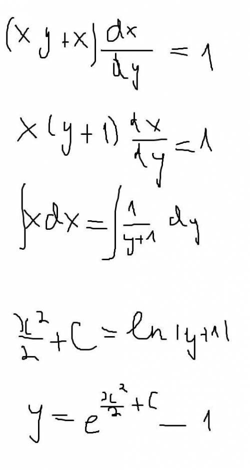 Решить дифференциальное уравнение первого порядка: (xy+x) (dx/dy) =1​