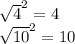 \sqrt{4} ^2 =4 \\ \sqrt{10}^2 =10