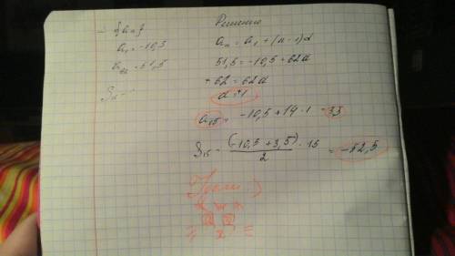 Найдите сумму первых 15 членов арифметической прогрессии{an}: a1=-10,5 a63=51,5.