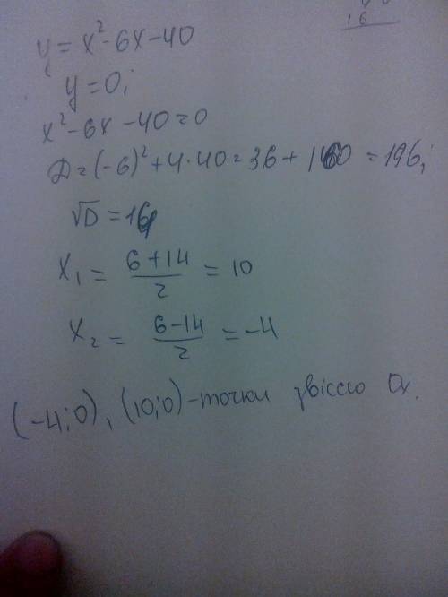 Чому дорівнюють абсциси точок перетину параболи y=x²-6x-40 з віссю x?